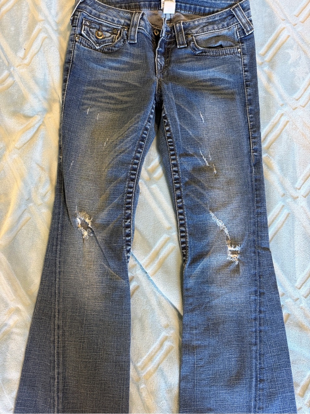 True Religion Vintage Flare Jeans, Size 29, Made in USA, Distressed Denim. Low t